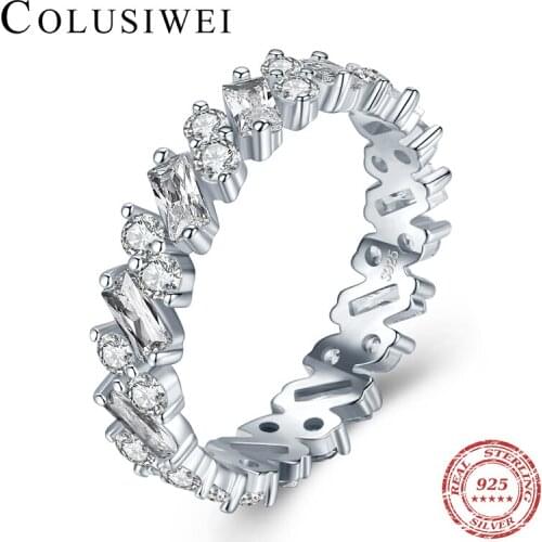 COLUSIWEI Classic 925 Sterling Silver Geometric Cutting Zirconia Stackable Finger Ring for Women Wedding Bands Statement Jewelry