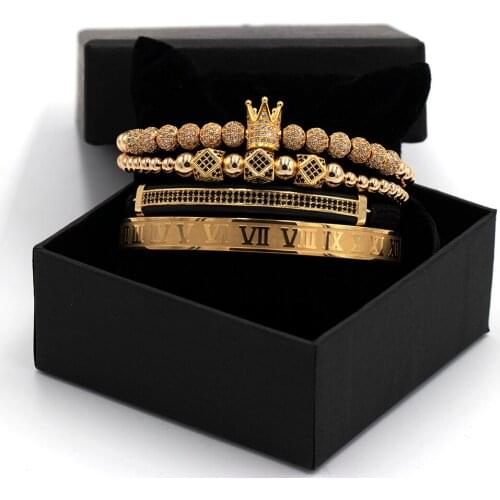Crown Set Charm Bracelet Men Women Copper Gold Color Braiding Bead Bracelet Bangle Sets Jewelry Gift with box Pulsera Hombre