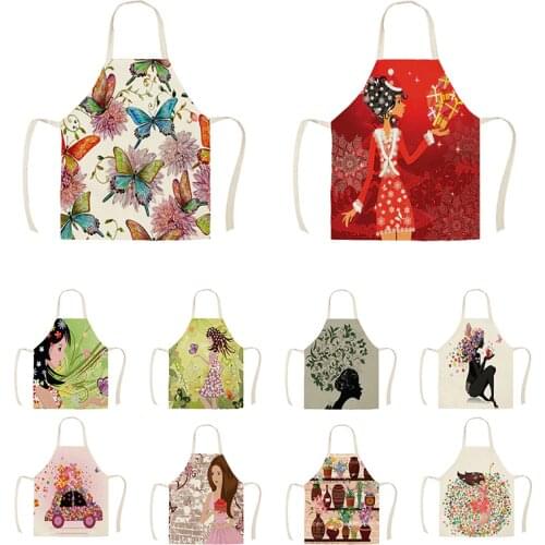 1Pc Kitchen Apron Color Flower Butterfly Girl Printed Sleeveless Cotton Linen Aprons Men Women Cleaning Tools 55*68cm WQI841