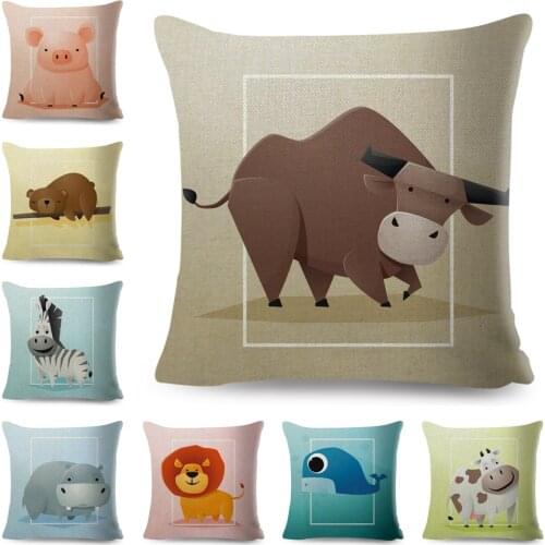 Cute Cartoon Animal Cushion Cover for Sofa Home Decor Lion Bull Bear Rooster Zebra Fish Cow Pillowcase Polyester Pillow Case