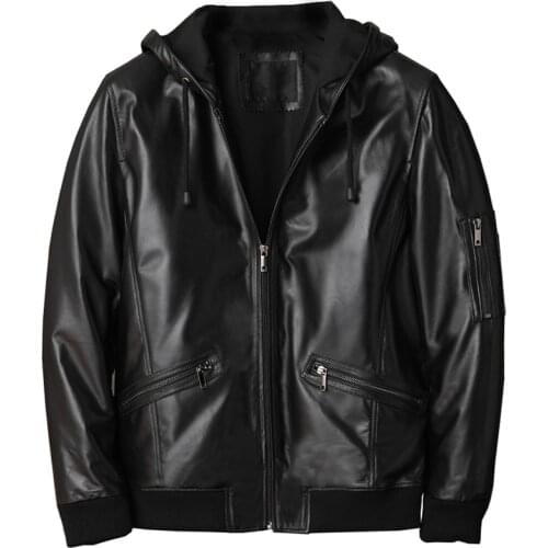 Real Sheepskin Mans Coat Hooded Genuine Leather Jacket Mens Coat Winter Trench Coat Black Plus Size 5XL Overcoats European Style