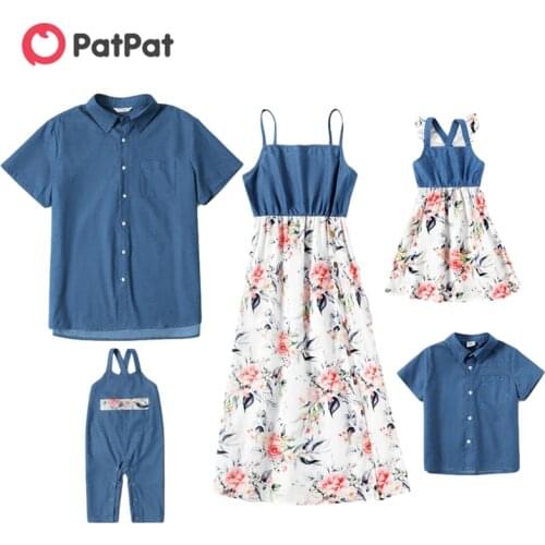 PatPat New Arrival 2021 Spring and Summer Mosaic Family Matching Denim Sets(Floral Sling Dressea - Shirts - Rompers) Family Look