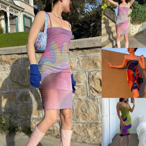 Y2k Bodycon Dress Sexy Sleeveless Summer New Skirt Abstract Print Camisole Gauze Dresses For Women 2021