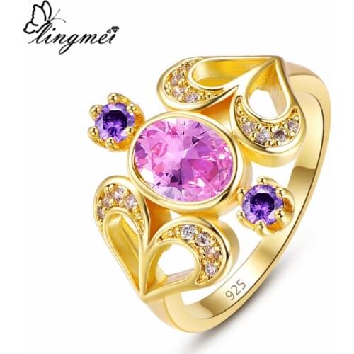 Lingmei Wedding OvalPinkGoldPurple Zircon Silver Color Yellow Goldplated Heart Ring Size 6-9 Fashion Women