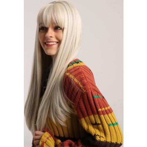 Fashion Women Light Golden Long Straight Hair Wig with Hairnet Daily Wear