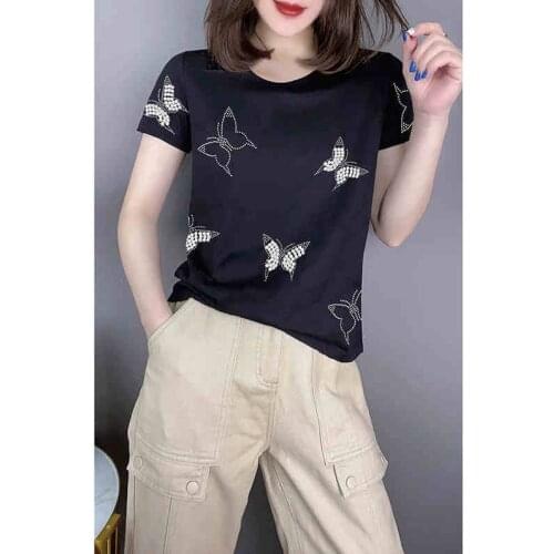 Casual hot diamond butterfly black beaded thin short-sleeved T-shirt European station 2021 spring and summer womens new style