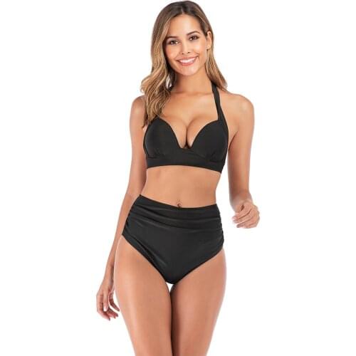 Sexy High Waist Bikini Set Swimwear Two Pieces Women Black Swimsuit Push Up 2019 Plus Size Bikinis Solid Halter Bathing Suit 3XL