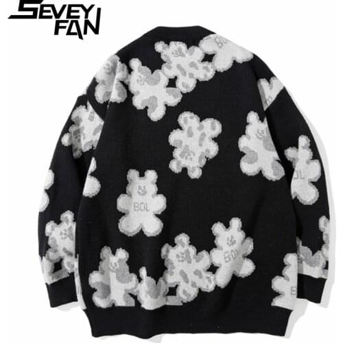 SEVEYFAN Mens Cartoon Rabbit Jacquard Sweater BF Loose O Neck Knitwear Hip Hop Pullover Sweaters for Couples