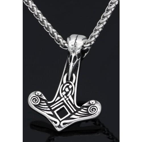 Nordic viking stainless steel raven skull thor hammer Mjolnir pendant necklace