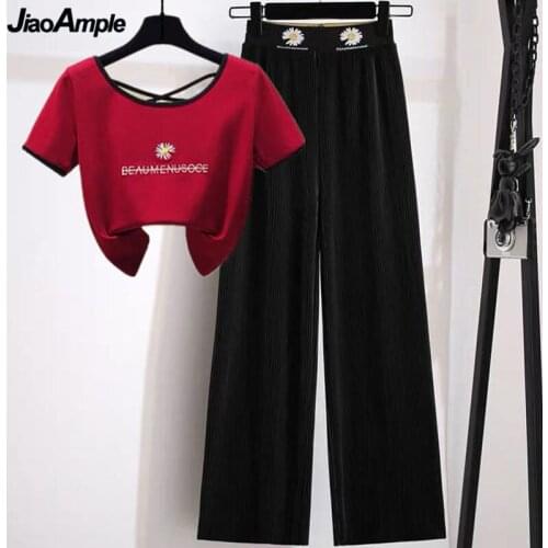 Ins Fashion Summer Daisy Clothing Set Women High Waist Full Length Pants Girls Sweet Embroidery Letter Backless Short Sleeve Top