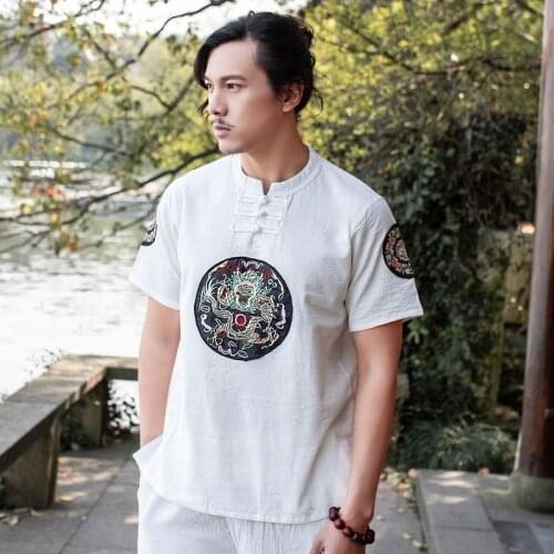 Traditional Chinese Style Embroidery Loose Blouse Fanfu Clothing Men Vintage Tang Suit Oriental T Shirt Kung Fu Tee Tops Outfits