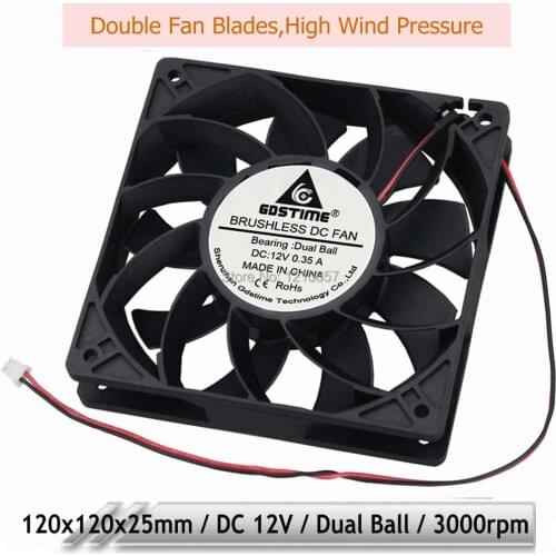 10PCS Gdstime High Wind Pressure 120mm 12V 2Pin 114CFM Dual Ball Bearing 12cm 120x120x25mm Brushless DC Cooling Fan