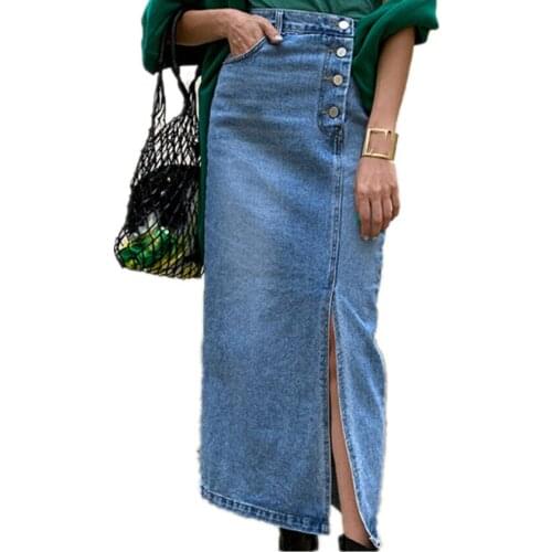 Denim Skirt 2020 Split Midi Jeans Skirt Push Up Stretch single breasted Pencil Skirt High Waist Fashion Women Summer New
