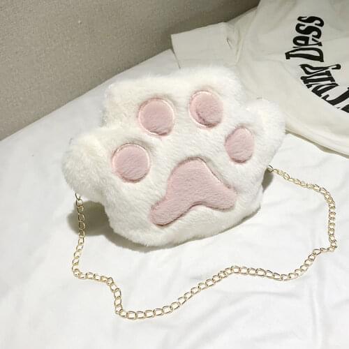 2021 Cat Paw Handbag Hair Women Purse Female Winter Student Girl Shoulder Bag Plush Messenger Chain Bags