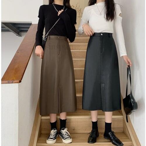 Autumn winter Vintage Split Skirt Midi Fashion Womens Casual High Waist A-line Slim Leather Umbrella Skirt Black Khaki 5339