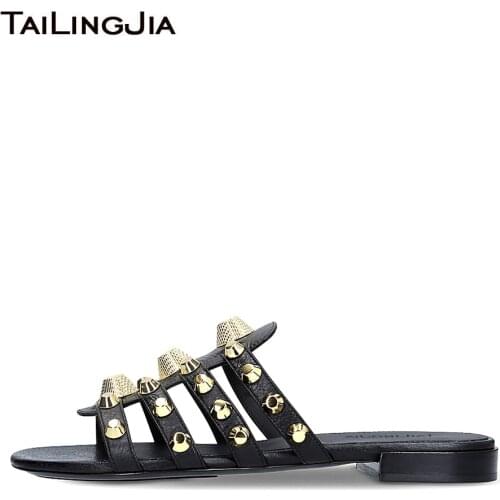 Women Black Giant Studded Sandals Gold Studs Slides Sliver Beach Shoes White Slippers Vacation Flats Mules Large Size Wholesale