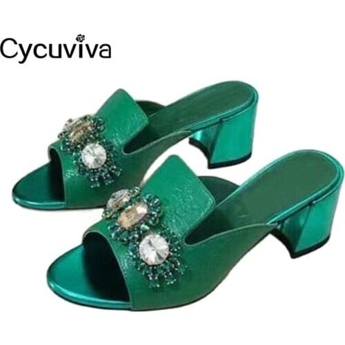 New Chunky Heels Women Slippers Luxury Crystal Summer Slides Runway Dress Shoes Woman Green Red Glitter Sandalias Mujer 2021