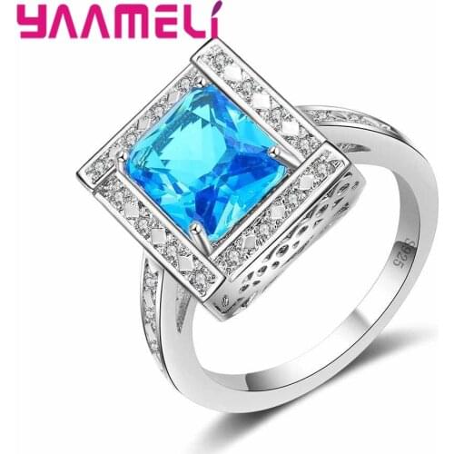 Wholesale Charming Luxury Ocean Blue Square Crystal Stone Ring Engagement Wedding Ring 925 Sterling Silver For Lady