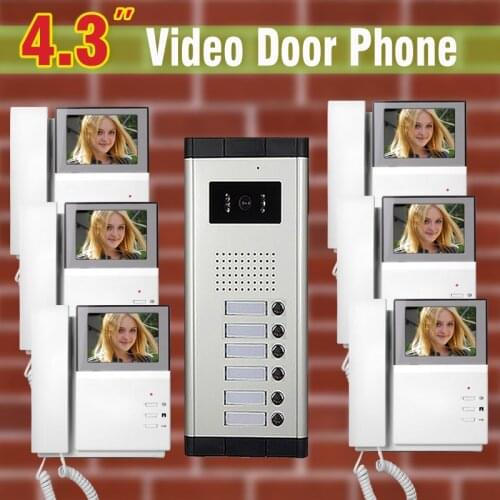 6 unit Apartment Video Door Phone Intercom System 4.3" visual Intercom For Apartments video Doorbell Doorphone Interphone kit