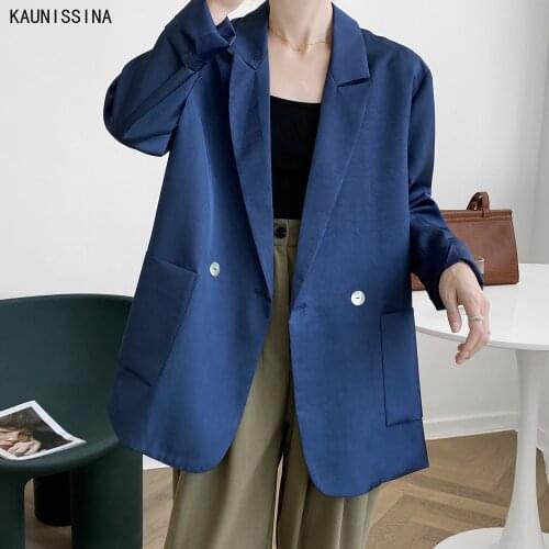New Autumn Fashion Womens Blazer Long Sleeve Double Breasted Suit Jackets Pockets Loose Office Lady Blazer Work Wear Coat
