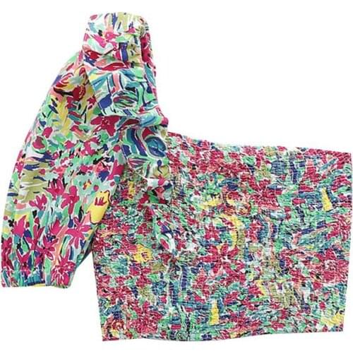 2021 New Women Sexy Fashion Floral Print Smocked Elastic Cropped Blouses Vintage One Shoulder Ruffled Female Shirts Chic Tops