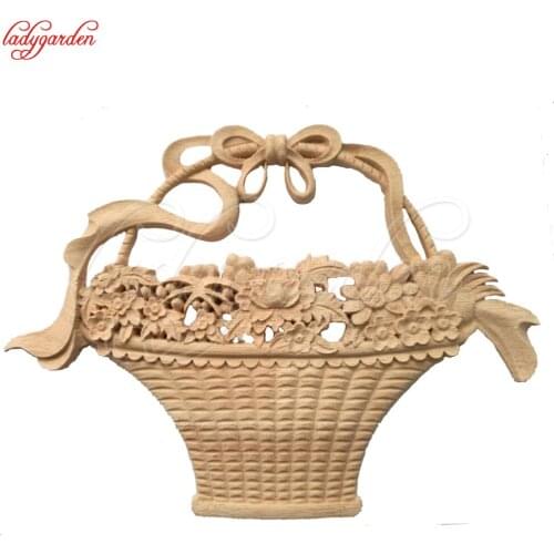 Flower Wood Carving Wood Applique Rose Flower Basket European Style Furniture Patch Home Decor Wedding Decoration Miniature