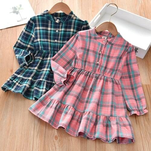Childrens Plaid Dress 2021 New Casual Girls Dress Spring Autumn Long-sleeve Korean Childrens Clothing Princess Dress Girls