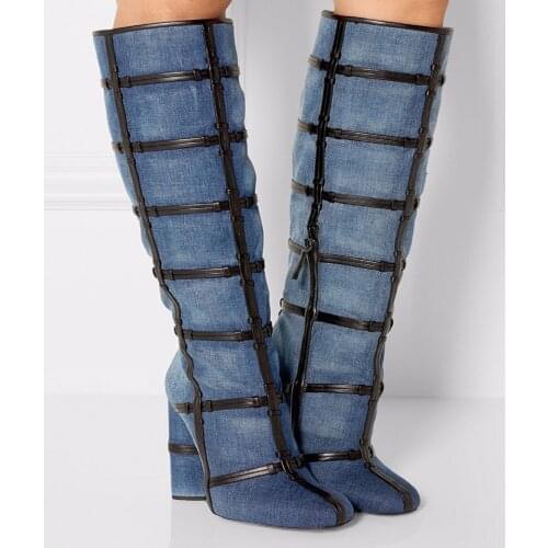 Denim Boots Knee High Boots Womens High Heel Thick Heel Cross Knot Leather Stripe Decoration Shoes Woman Long Boot Botas Mujer