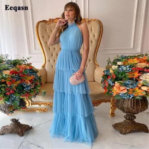 Eeqasn Sky Blue Tiered Skirt Tulle Evening Dresses Sleeveless Backless Beach Prom Gowns Night Club Women Long Formal Party Dress