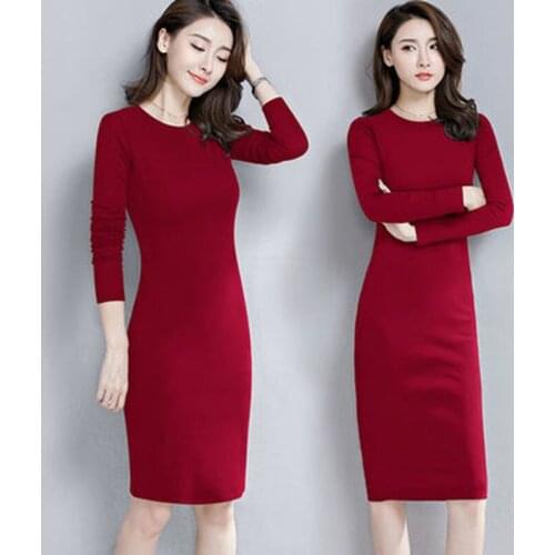 S-4XL Elegant A-Line Solid Dress Women Casual O-Neck Slim Bodycon Dresses Office Lady Long Sleeve Dress New Arrival