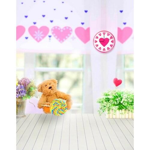 Wooden Floor Heart Love Flowers Bear Photography Backdrops Photo Props Studio Background 5x7ft