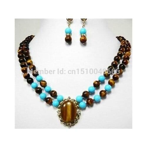 Hot sale beautiful turquoisSTONEe tiger eye stone earrings necklace sets