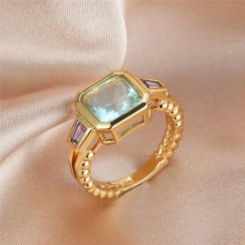 Aqua Blue Zircon Square Stone Rings For Women Men Vintage Fashion Yellow Gold Birthstone Ring Female Wedding Promise Jewelry