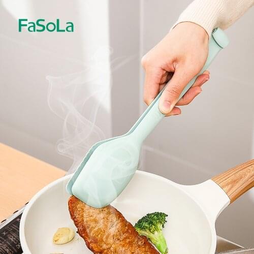 FaSoLa Multi Silicone Bread Meal Clip Kitchen Tongs Grill Barbecue Tool BBQ Cooking Tweezer Cake Food Tongs Removable Soup Spoon