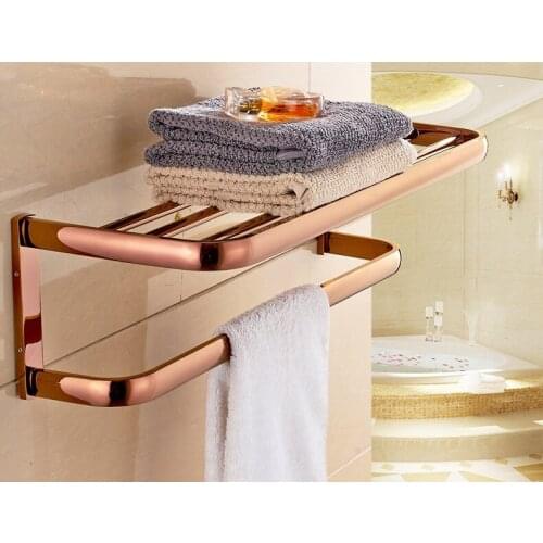 Wall Mounted Polished Rose Red Gold Color Brass Bathroom Large Towel Rail Towel Bar Holder Shelf Bathroom Accessory mba865