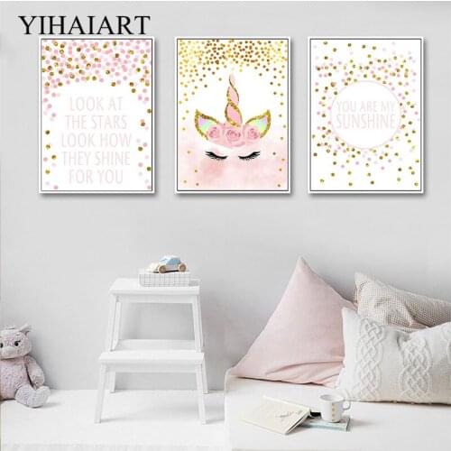 Nordic Nursery Quotes Canvas Wall Print Art Painting Pink Unicorn Poster Baby Girl Decorative Picture Child Bedroom Decoration