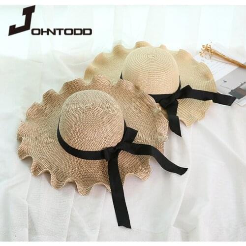 2021 Summer Women Sun Hat Casual Big Wide Wave Brim Bowknot Straw Hats with Ribbon Beach Sun Visor Hat Foldable Vacation Caps