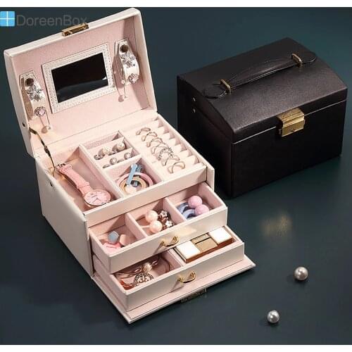 Three-Layer Velvet Multifunctional Jewelry Organizer Box PU Leather Earrings Necklace Storage Casket Home Large Jewelry Box,1PC