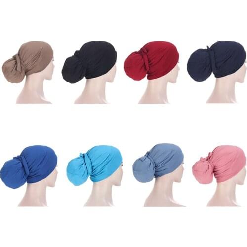 Solid Color Fashion Hijab Cap Womens Chemo Hats Muslim Stretch Turban Bonnet Hair Loss Headwear Beanie Hat Bandage Wrap Head
