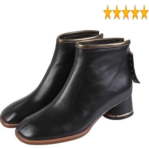 Ankle Women Fashion Winter Square Toe Block Med Heels Zipper Fleece Lining Warm Ladies Casual Leather Boots Shoes