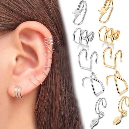 Women Ear Cuff Ear Clip Earrings Set Chain Alloy Vintage Tassel Gold Star Leaves Non-Piercing