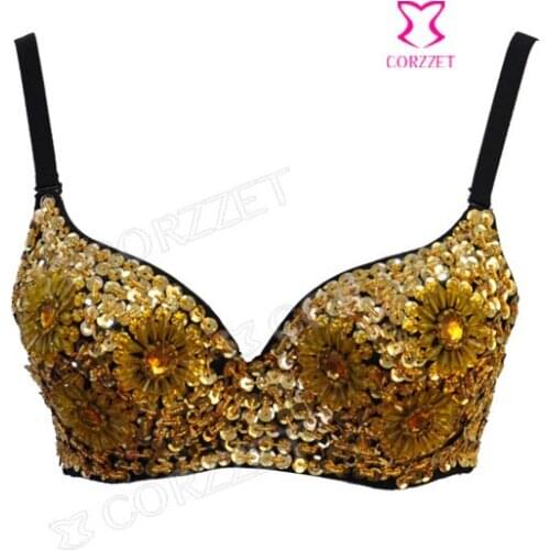 2014 Womens Underwear Lingerie Nightclub Punk Wear Sexy Gold All-over Chrysanthemum Floral Beaded Sequins Bra Push Up Bralet