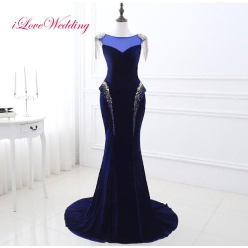 100% Real Images Royal Blue Prom Dresses Cap Sleeve Mermaid Scoop Velour With Beading Crystal Formal Gowns Evening Party Dresses