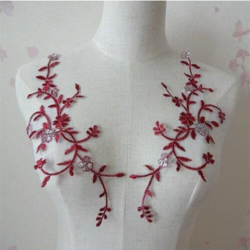 3Pairs Burgundy Garments Lace Applique Flower Floral Motif Venise Venice Lace Applique DIY Accessorry 27.5X12cm BD0337