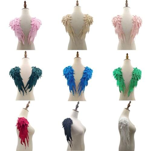 White Black Lace Fabric Feather Wings Wedding Gown Appliques Embroidered Lace Collar Sew On Patches For Dress DIY Decoration