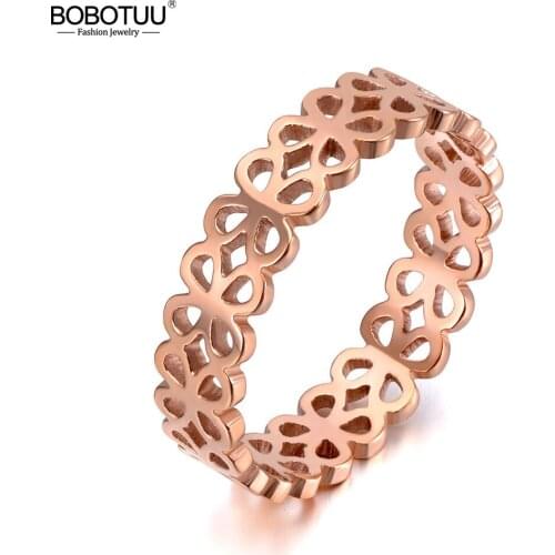 BOBOTUU Trendy Titanium Stainless Steel Hollow Flower Rings For Women Girls Office Rose Gold Elegant Charm Ring Jewelry BR19132