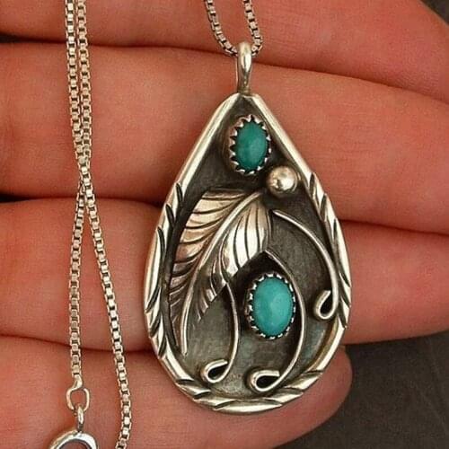 Boho Vintage Water Drop Jewelry With Turquoises Feather Geometry Dyed Black Pendant Womens Wedding Necklace Anniversary Gifts