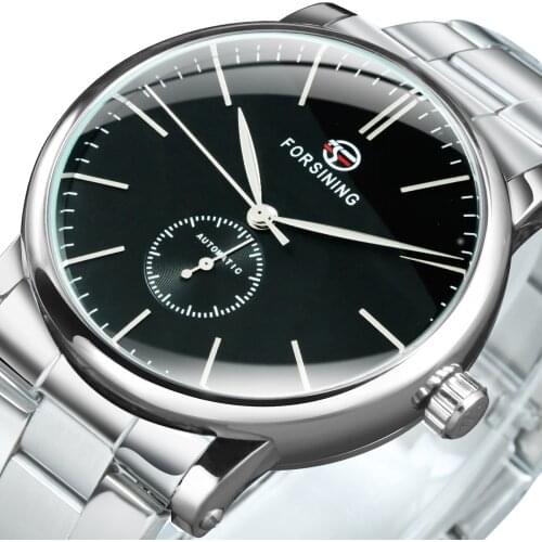 Forsining Simple Mens Watch Automatic Watches for Men Mechanical Wristwatches Sub-Dial Steel Strap Casual Luminous Hands Clock