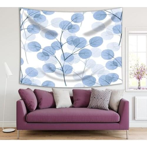 Tapestry Branches with Round Leaves Plant Trees Forest Foliage Nature Theme Modern Art Blue White