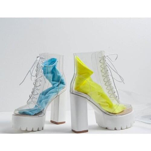 Hot Selling Ins Style Transparent PVC Thick Heels Boots 2018 Lace-up Platform Ankle Boots Woman Riding Boots